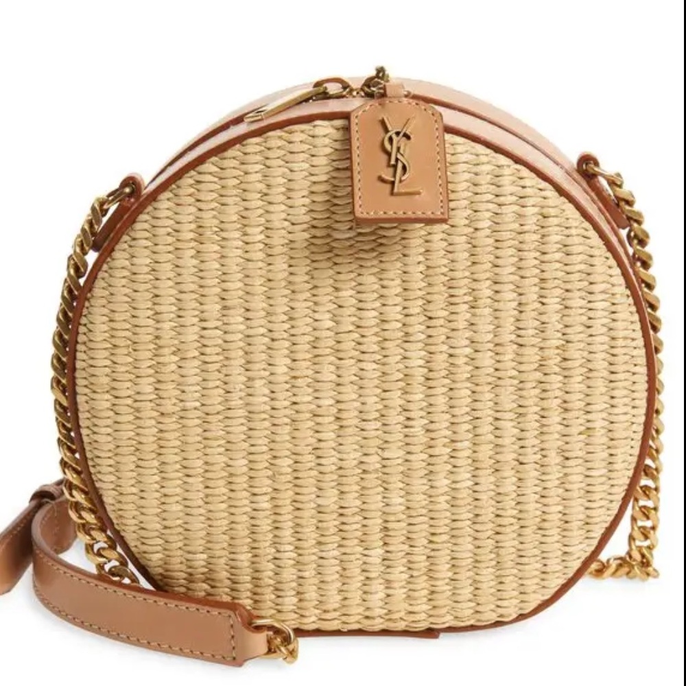 Saint Laurent Round Raffia Crossbody with Tan Leather Trim and Gold Chain